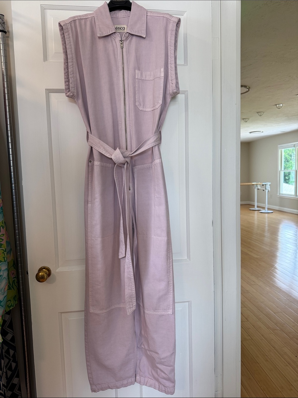 Etica Lavender Zip-Front Sleeveless Jumpsuit with Tie Belt
